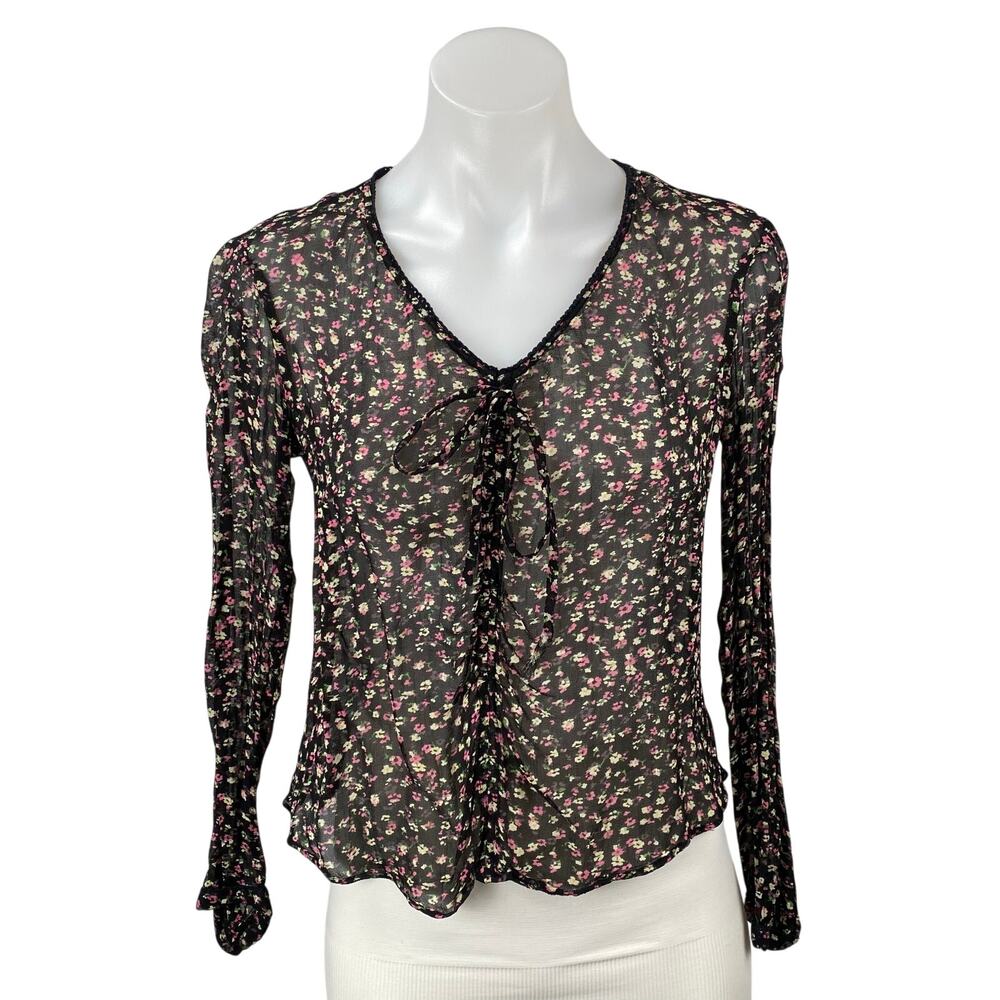 Allsaints Women's Black Floral Mesh Sheer Long Sleeve Tie Blouse Top Size M
